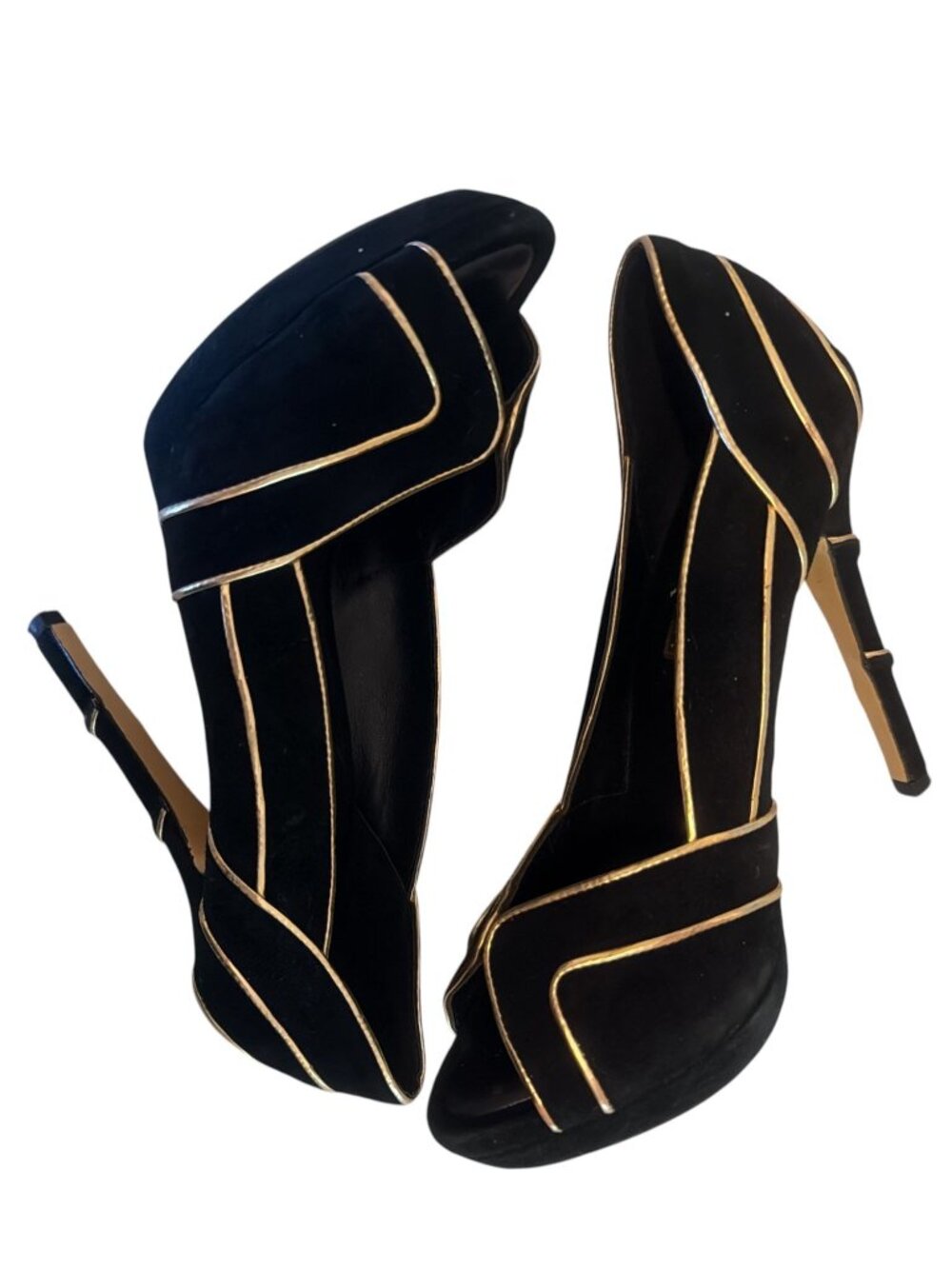 BCBGMaxazria Linden Peep-toe Pump Womens 6.5 Black Suede Gold Trim Platform Heel - Picture 5 of 9